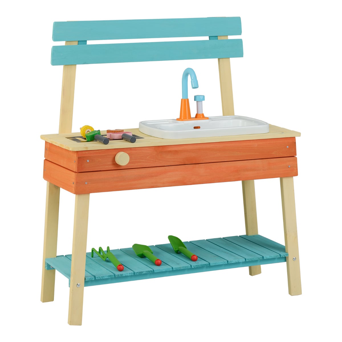 Kids Play Kitchen Set Wooden Kitchen Playset with Cooking & Gardening Accessories-Blue