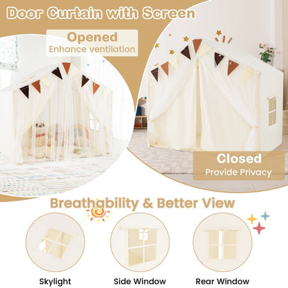 Kids Play Tent 3-4 Kids Large Play Tent House with Fabric and Screen Curtains-Beige