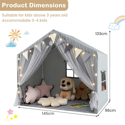 Kids Play Tent 3-4 Kids Large Play Tent House with Fabric and Screen Curtains-Grey