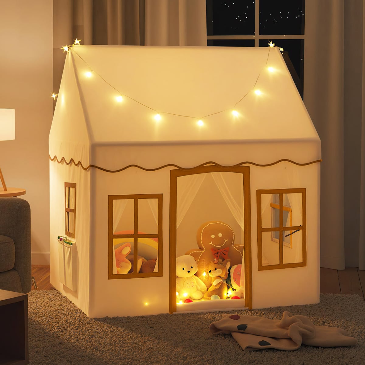 Kids Play Tent with Star Lights and Non-slip Mat-Khaki