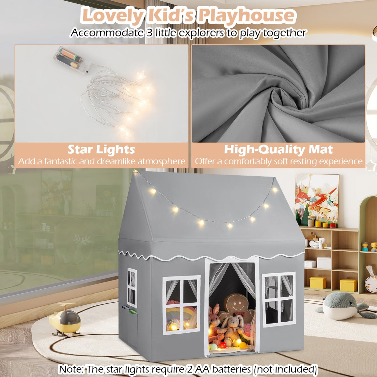 Kids Play Tent with Star Lights and Non-slip Mat-Grey