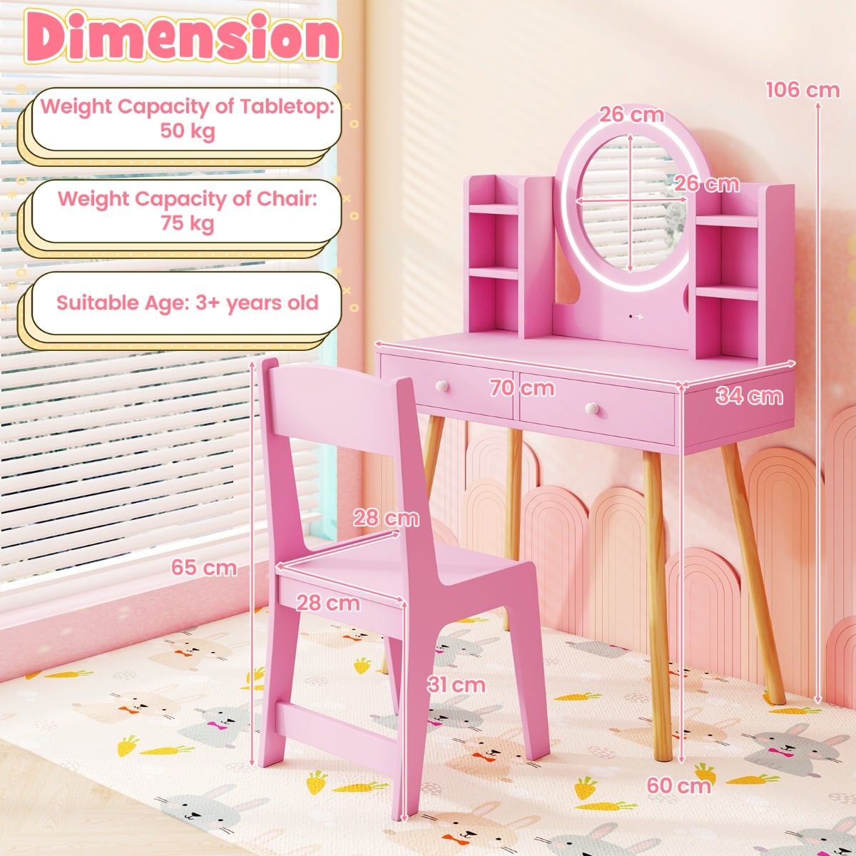 Kids Princess Vanity Desk Set with 2-Color LED Lighted Acrylic Mirror-Pink