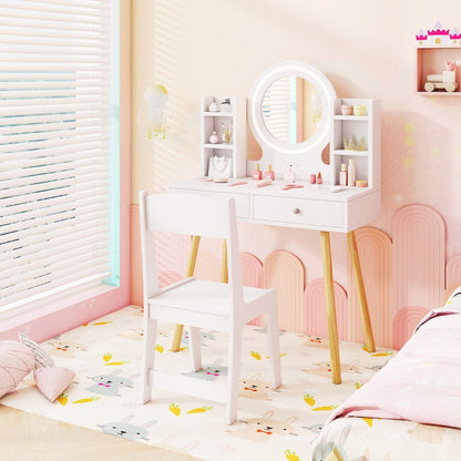 Kids Princess Vanity Desk Set with 2-Color LED Lighted Acrylic Mirror-White
