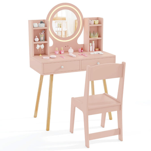 Kids Princess Vanity Desk Set with 2-Color LED Lighted Acrylic Mirror-Light Pink