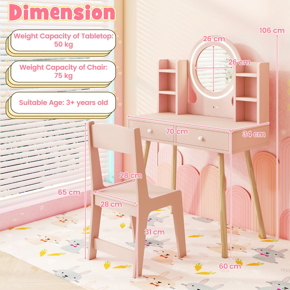 Kids Princess Vanity Desk Set with 2-Color LED Lighted Acrylic Mirror-Light Pink