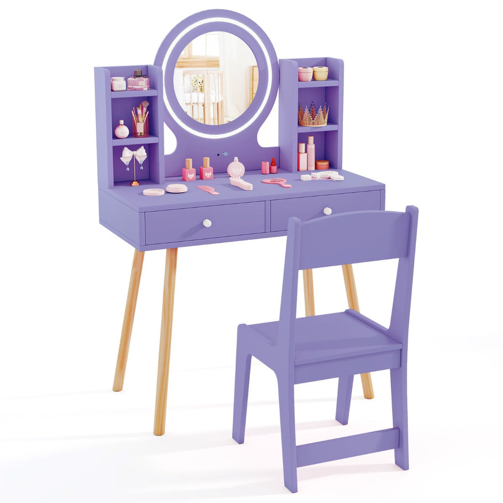 Kids Princess Vanity Desk Set with 2-Color LED Lighted Acrylic Mirror-Purple