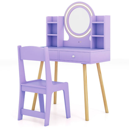 Kids Princess Vanity Desk Set with 2-Color LED Lighted Acrylic Mirror-Purple