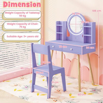 Kids Princess Vanity Desk Set with 2-Color LED Lighted Acrylic Mirror-Purple