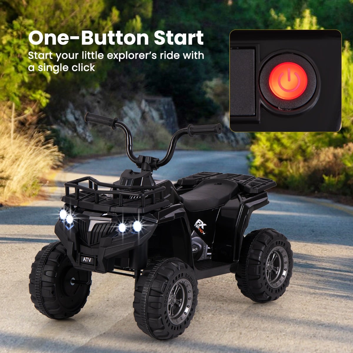 6V 4-Wheeler Quad Car with One-Button Start and Tread Tires-Black