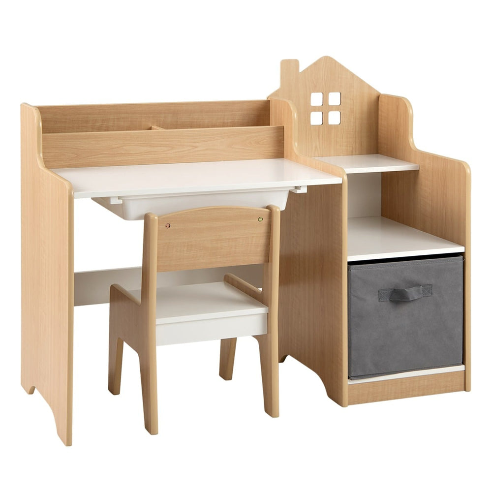 Kids Study Desk and Chair Set Children Study Table with Open Shelves-Natural
