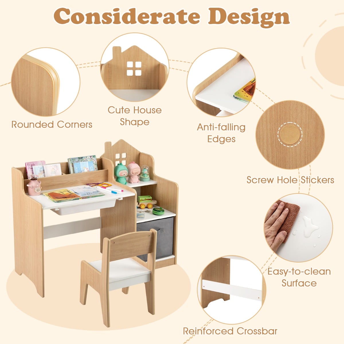 Kids Study Desk and Chair Set Children Study Table with Open Shelves-Natural