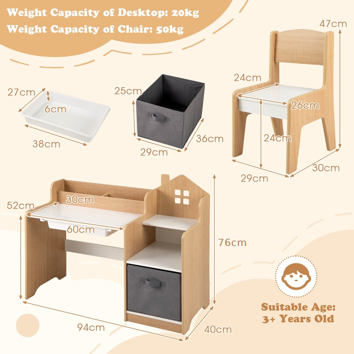 Kids Study Desk and Chair Set Children Study Table with Open Shelves-Natural