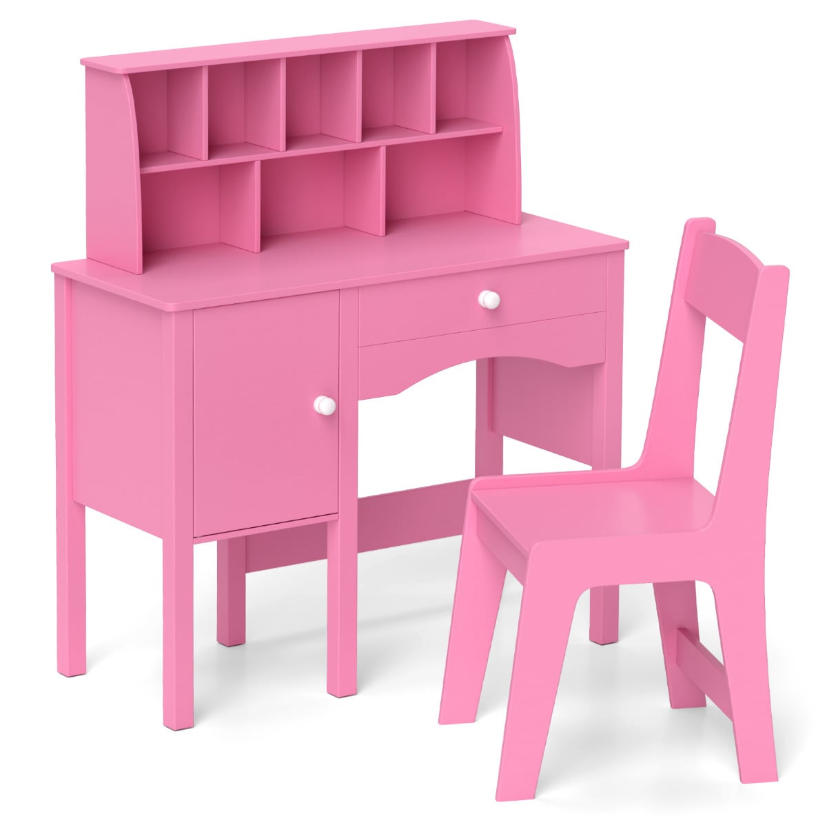 Kids Study Desk and Chair Set with Hutch and Storage Cabinet-Pink