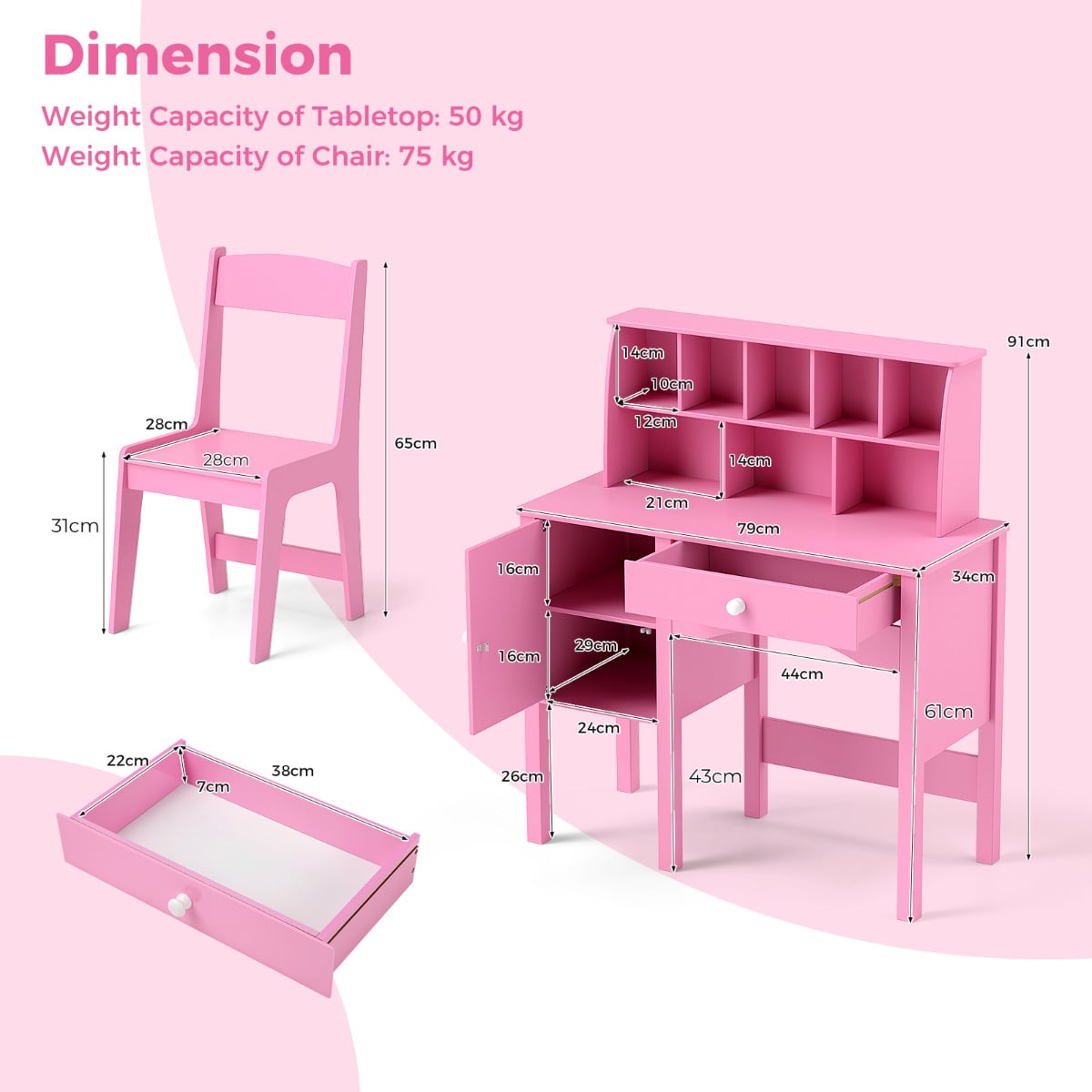 Kids Study Desk and Chair Set with Hutch and Storage Cabinet-Pink