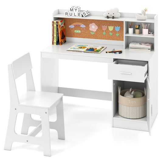 Kids Study Desk and Chair Set with Shelves and Storage Cabinet-White