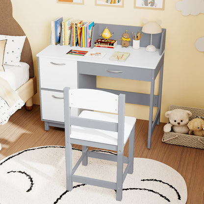 Kid's Study Desk and Chair Set with Deep Drawer and Enclosed Cabinets-Grey