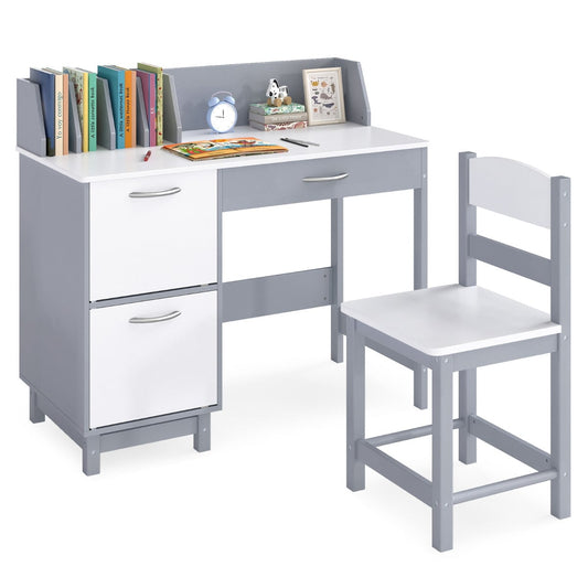 Kid's Study Desk and Chair Set with Deep Drawer and Enclosed Cabinets-Grey