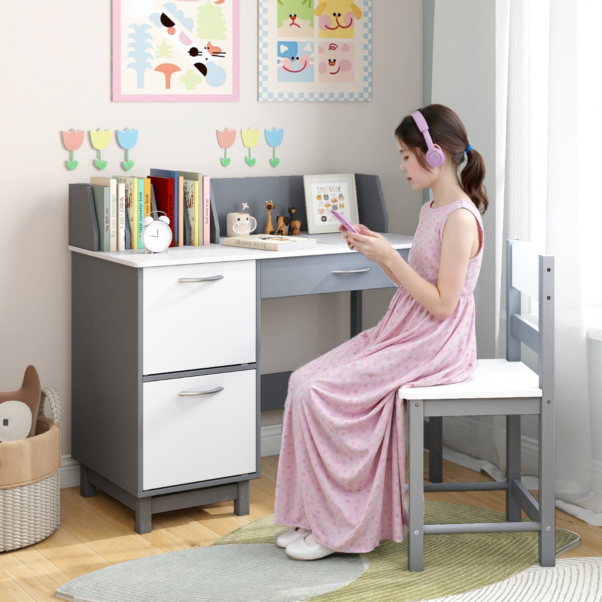 Kid's Study Desk and Chair Set with Deep Drawer and Enclosed Cabinets-Grey