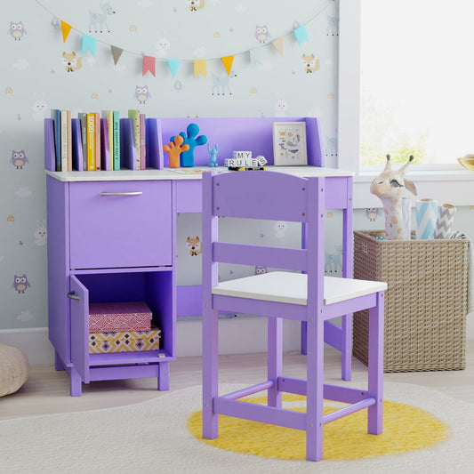 Kid's Study Desk and Chair Set with Deep Drawer and Enclosed Cabinets-Purple