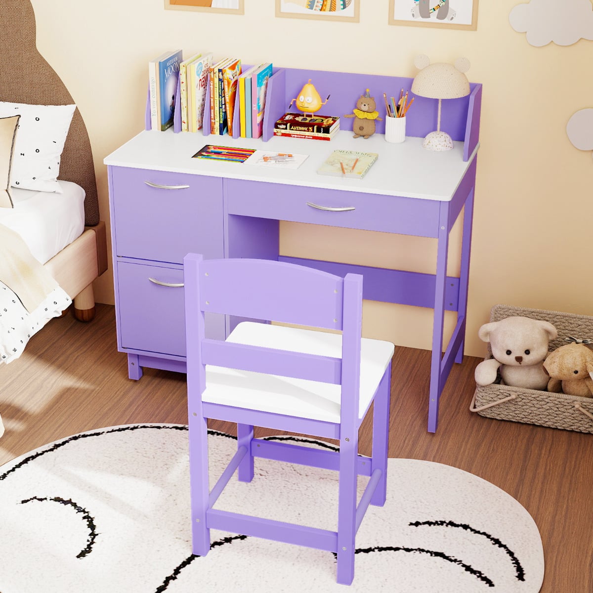 Kid's Study Desk and Chair Set with Deep Drawer and Enclosed Cabinets-Purple