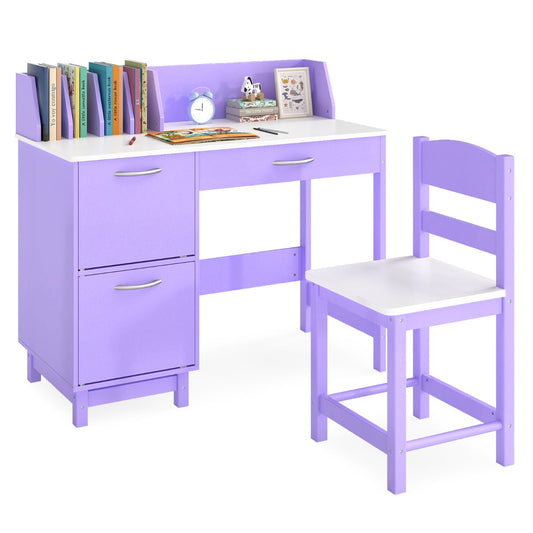 Kid's Study Desk and Chair Set with Deep Drawer and Enclosed Cabinets-Purple