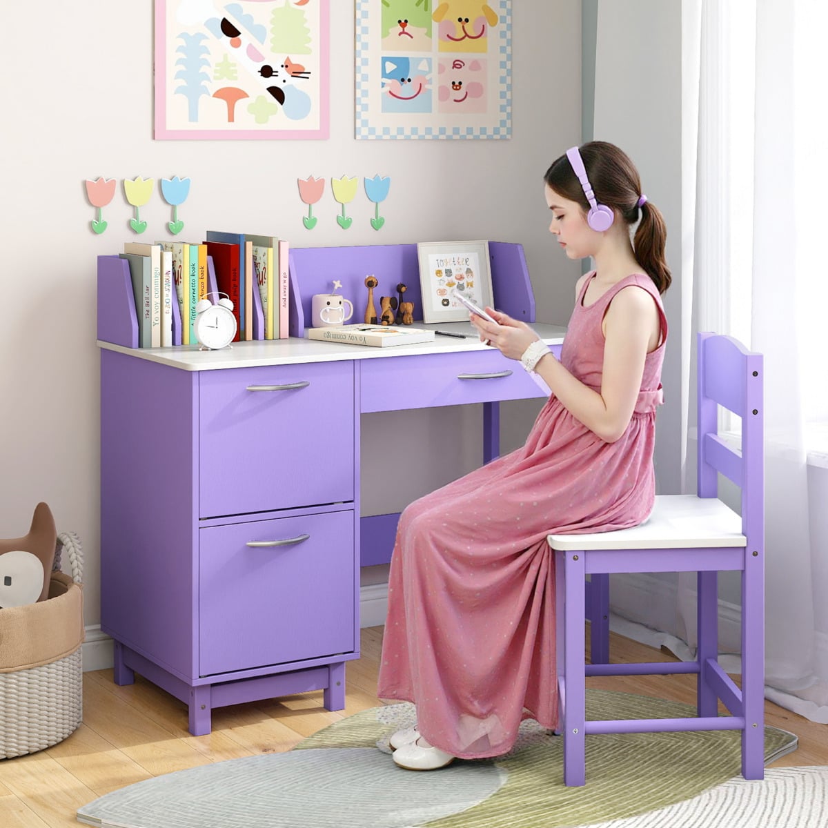 Kid's Study Desk and Chair Set with Deep Drawer and Enclosed Cabinets-Purple