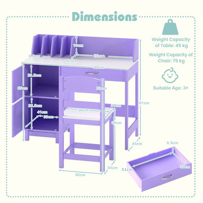 Kid's Study Desk and Chair Set with Deep Drawer and Enclosed Cabinets-Purple