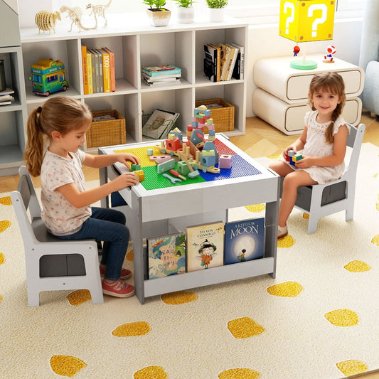 Kids Table and 2 Chairs Set Multifunctional Activity Table with Reversible Tabletop-Grey