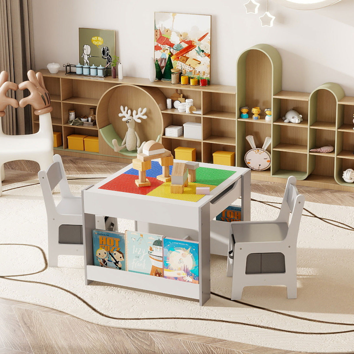 Kids Table and 2 Chairs Set Multifunctional Activity Table with Reversible Tabletop-Grey