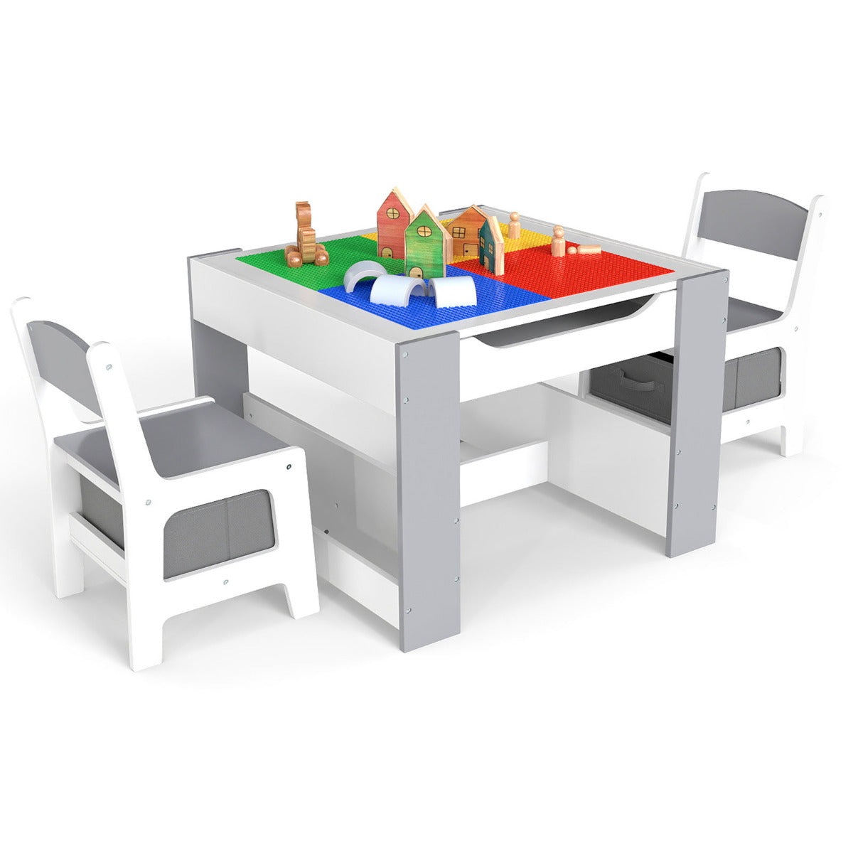 Kids Table and 2 Chairs Set Multifunctional Activity Table with Reversible Tabletop-Grey