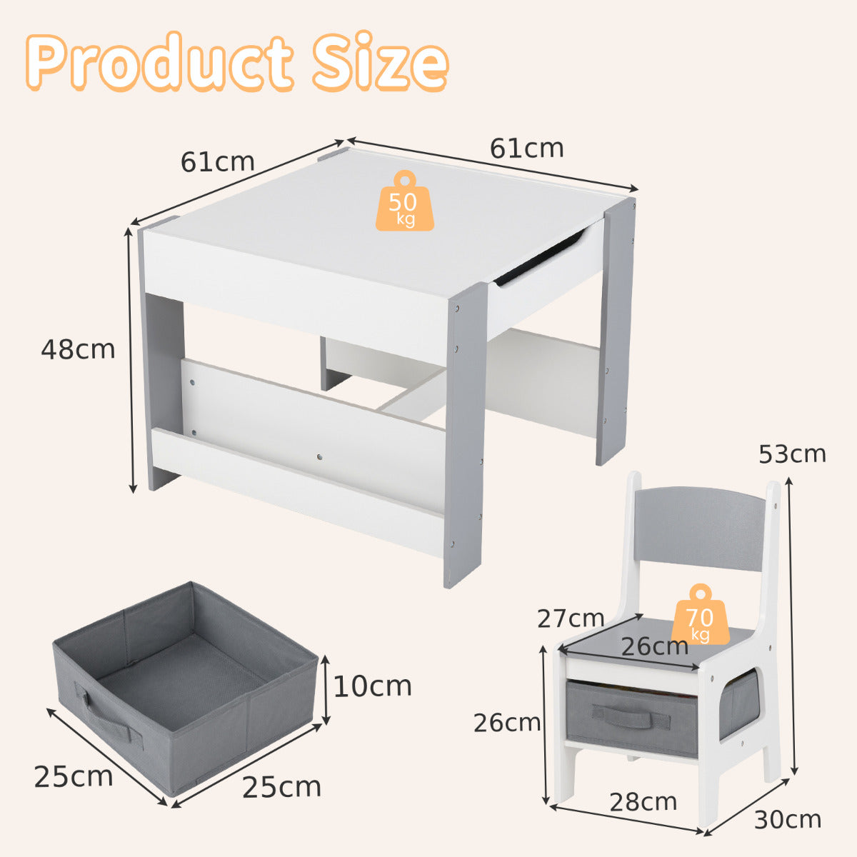 Kids Table and 2 Chairs Set Multifunctional Activity Table with Reversible Tabletop-Grey