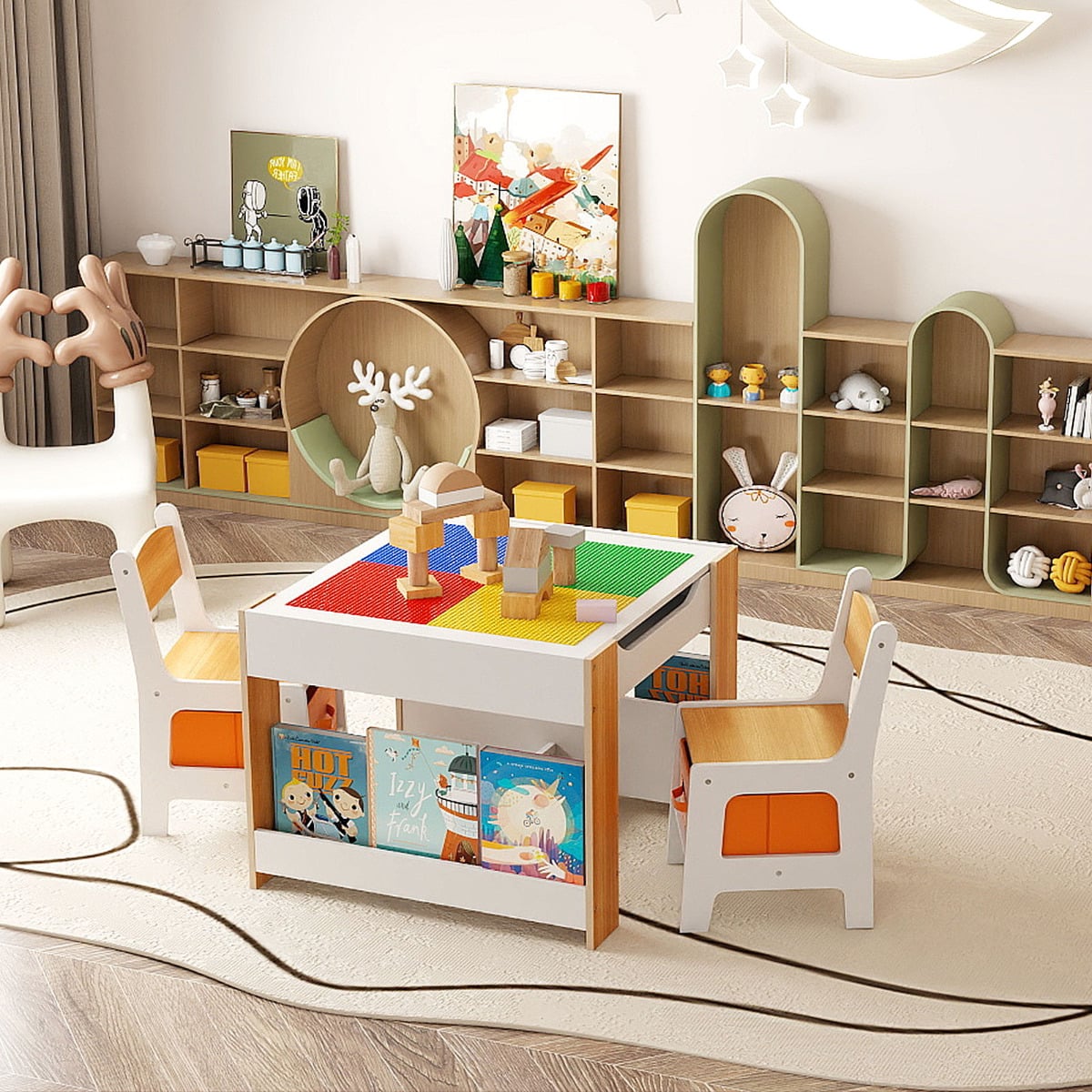 Kids Table and 2 Chairs Set Multifunctional Activity Table with Reversible Tabletop-Natural
