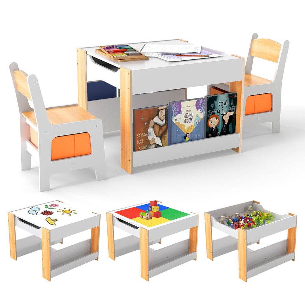 Kids Table and 2 Chairs Set Multifunctional Activity Table with Reversible Tabletop-Natural