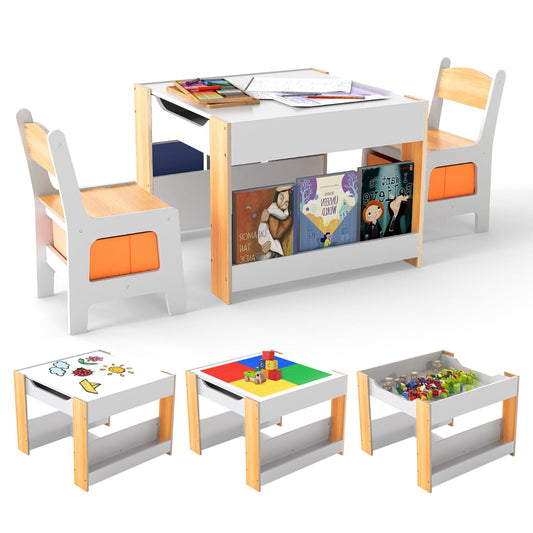 Kids Table and 2 Chairs Set Multifunctional Activity Table with Reversible Tabletop-Natural