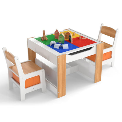 Kids Table and 2 Chairs Set Multifunctional Activity Table with Reversible Tabletop-Natural