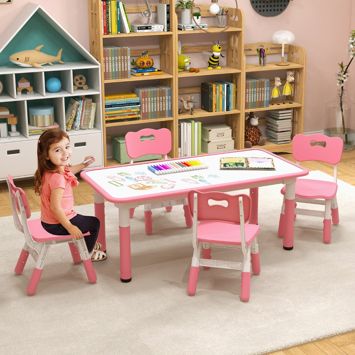 Kids Table and 4 Chairs Set with Graffiti Desktop for Home Daycare School-Pink