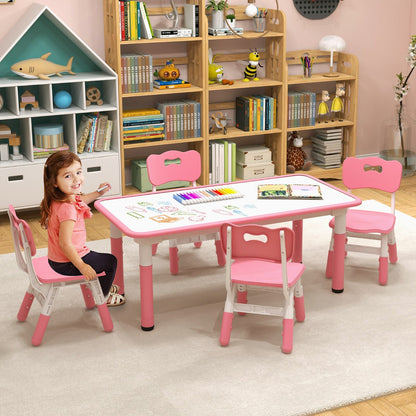 Kids Table and 4 Chairs Set with Graffiti Desktop for Home Daycare School-Pink