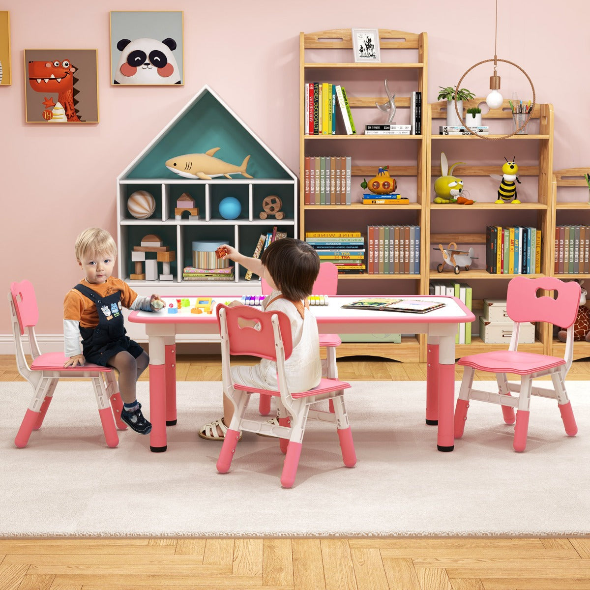 Kids Table and 4 Chairs Set with Graffiti Desktop for Home Daycare School-Pink