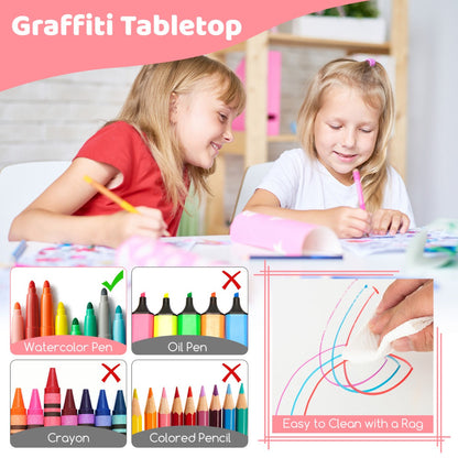 Kids Table and 4 Chairs Set with Graffiti Desktop for Home Daycare School-Pink