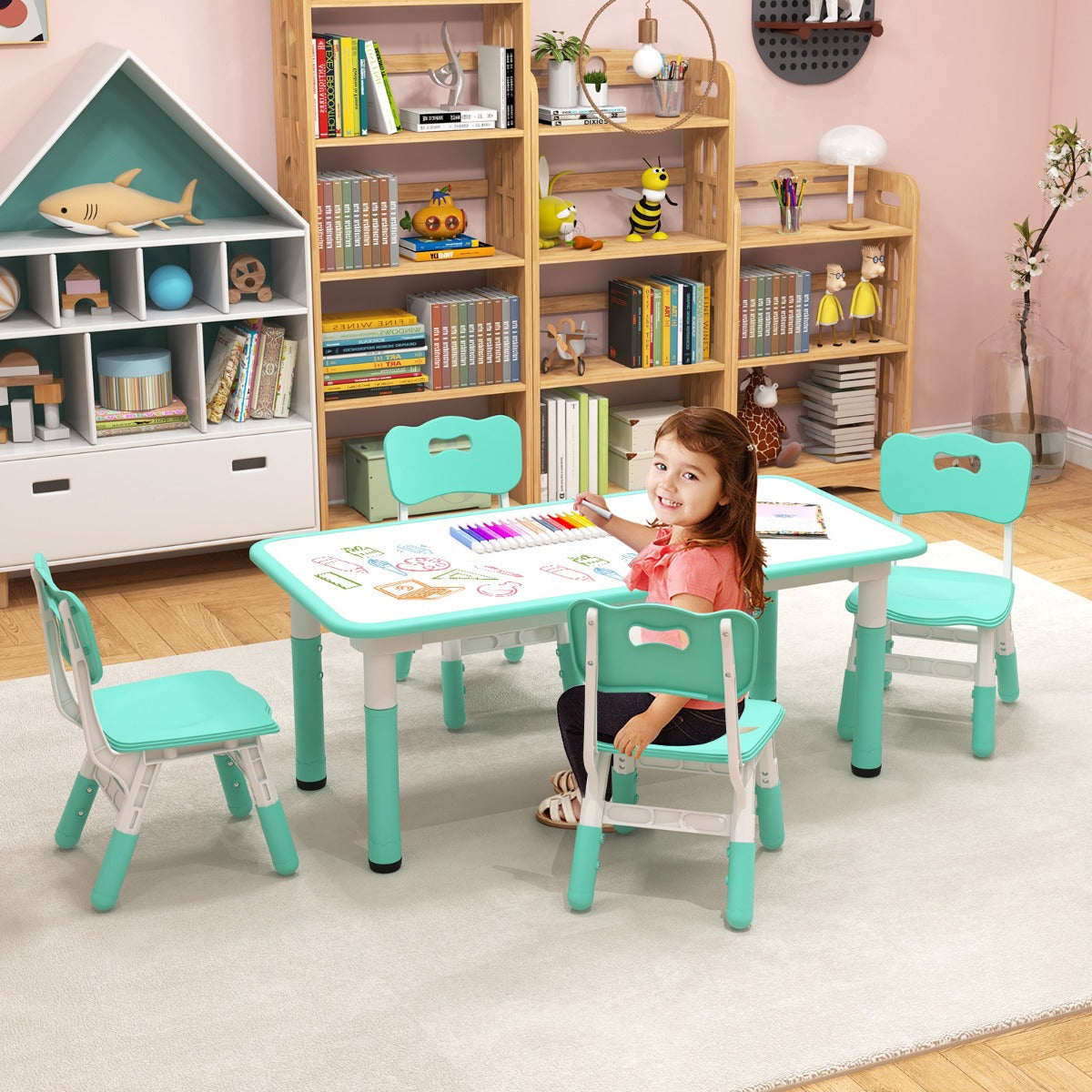 Kids Table and 4 Chairs Set with Graffiti Desktop for Home Daycare School-Green