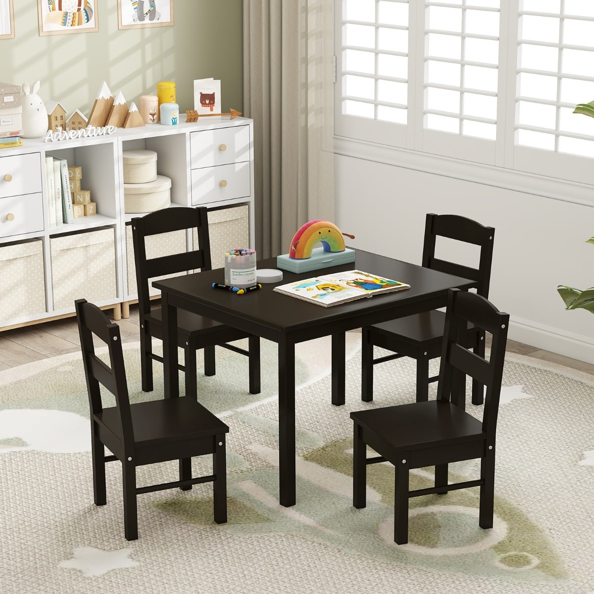 Kids Table and 4 Chairs Set for Toddlers Dining, Drawing, Reading-Dark Brown
