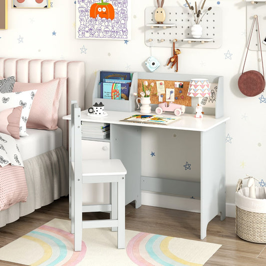 Kids Table and Chair Set with Hutch and Cabinet-Gray & White