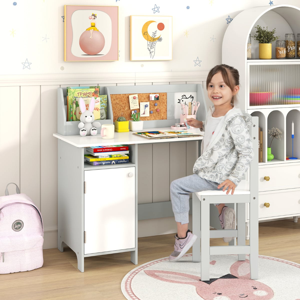 Kids Table and Chair Set with Hutch and Cabinet-Gray & White