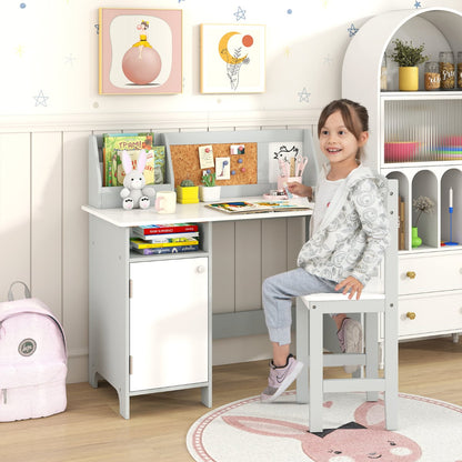 Kids Table and Chair Set with Hutch and Cabinet-Gray & White
