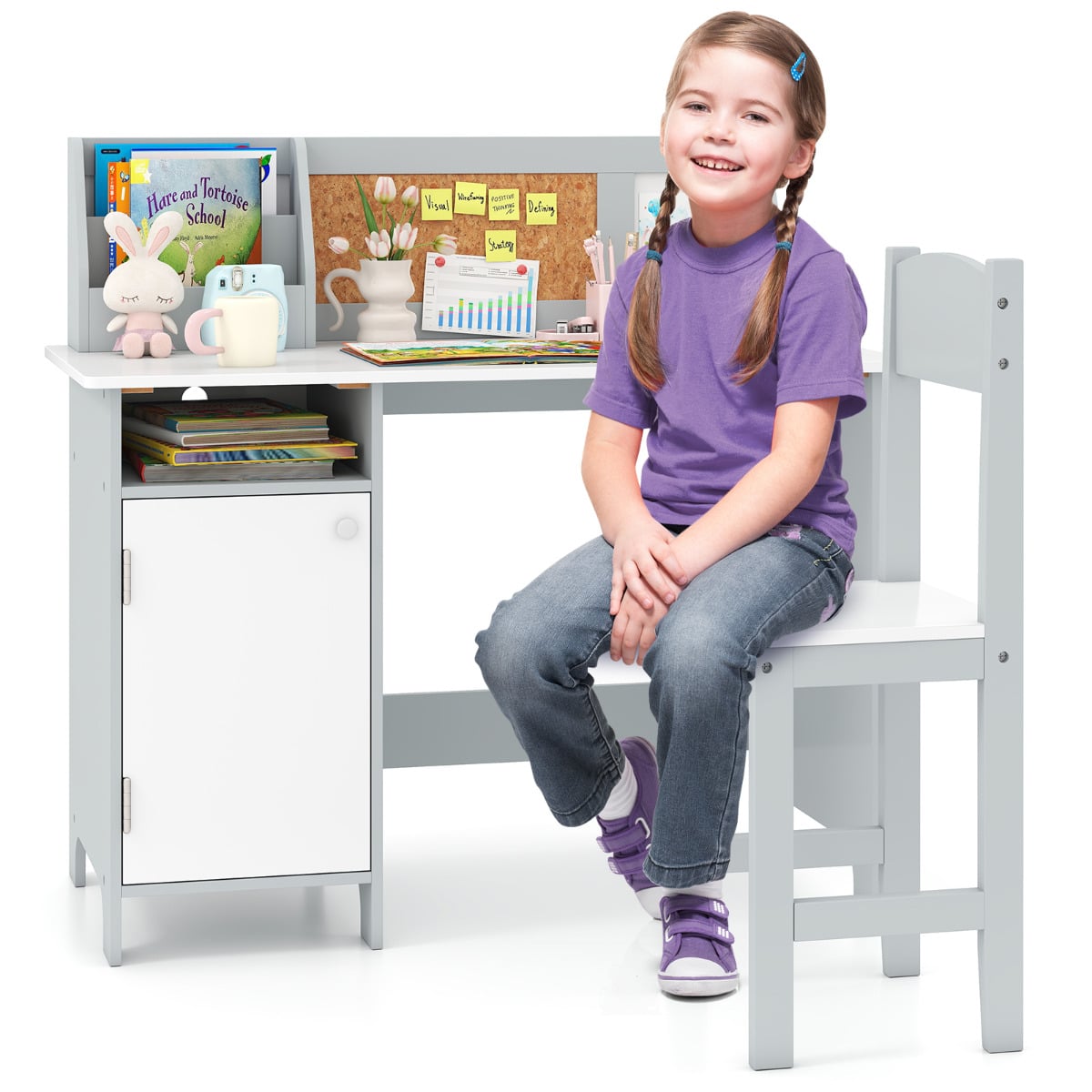 Kids Table and Chair Set with Hutch and Cabinet-Gray & White