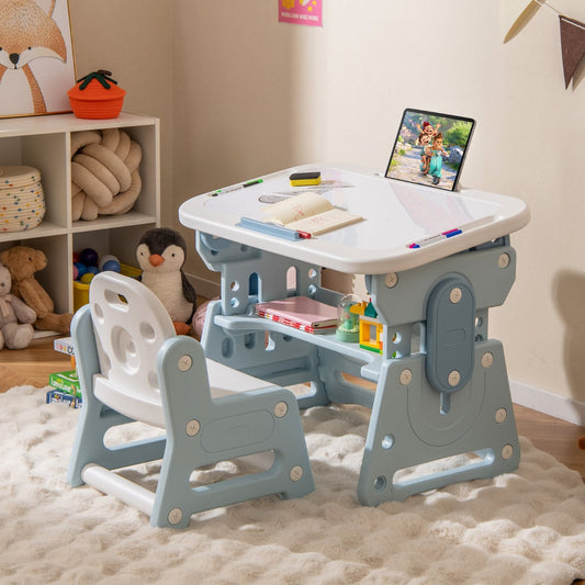 Kids Table and Chair Set with Tiltable Whiteboard and Book Stand-Blue