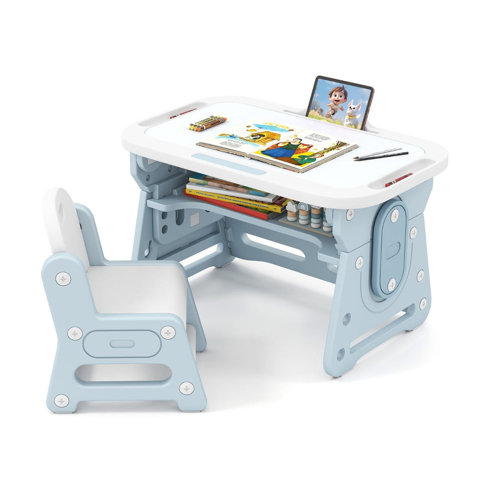 Kids Table and Chair Set with Tiltable Whiteboard and Book Stand-Blue