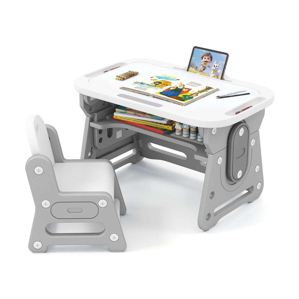 Kids Table and Chair Set with Tiltable Whiteboard and Book Stand-Grey