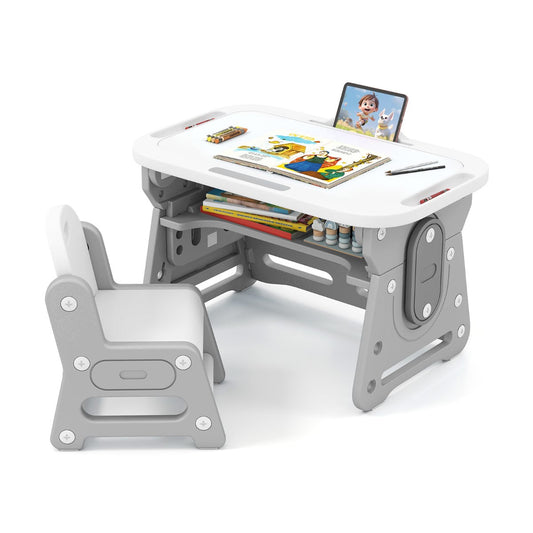 Kids Table and Chair Set with Tiltable Whiteboard and Book Stand-Grey