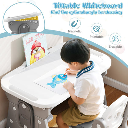 Kids Table and Chair Set with Tiltable Whiteboard and Book Stand-Grey